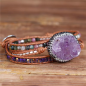 Preview: Wickelarmband mit Amethyst & Turmalin – Lederarmband mit Natursteinen