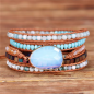 Preview: Wickelarmband mit Opalstein in Blau – Boho Lederarmband mit Natursteinen