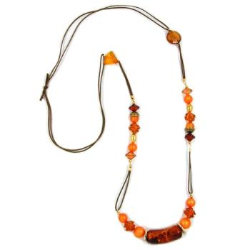 Preview: Kette Kunststoffperlen braun-crash orange-braun-gold Kordel braun 90cm