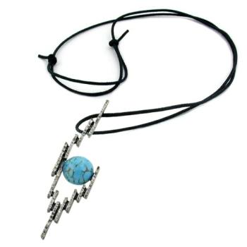 Preview: Kette 72x19mm Zinn-Anhänger blau-türkisfarben Kunststoff Kordel schwarz