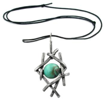 Preview: Kette 79x37mm Zinn-Anhänger Gitter mit türkis-Einlage Kunststoff 90cm