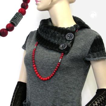 Kette Kunststoffperlen rot-schwarz Walze altsilberfarbig Kordel rot 90cm