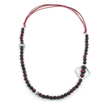 Kette 8mm Kunststoffperlen rot-schwarz silberfarbig Kordel rot 90cm