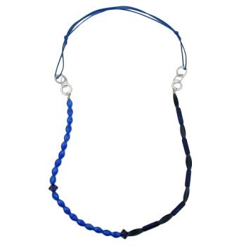 Preview: Kette Kunststoffperlen blau Metallringe rhodiniert Kordel blau 90cm