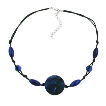 Preview: Kette 31x8mm Scheibe Kunststoff lapiz-blau-marmoriert Kordel schwarz 45cm