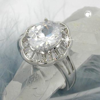 Ring 16x14mm ovaler Zirkonia mit vielen kleinen rhodiniert Ringgröße 60