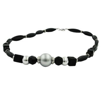 Preview: Kette 18mm Perle Kunststoff chrom matt Rillenolive schwarz 55cm