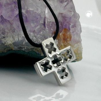Kette 24x24mm Edelstahl Kreuz glänzend Kordel schwarz 90cm