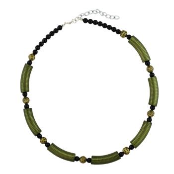 Kette 34x10mm Rillenwalze olivgrün Perle schwarz Kunststoff 45cm