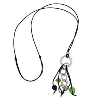 Preview: Kette Ring Aluminium hellgrau Perlen grün blau Kordel schwarz 80cm