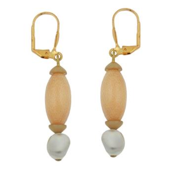 Preview: Ohrbrisur Ohrhänger Ohrringe 52mm goldfarben Holzperle hell natur und Kunststoffperle hell beige marmoriert