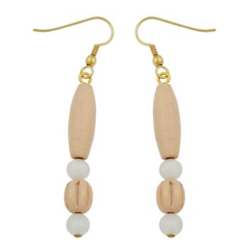 Preview: Ohrhaken Ohrhänger Ohrringe 60mm Holzperle hell und Kunststoffperle weiß-seidenmatt