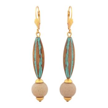 Preview: Brisur 66x12mm Rillenolive patina grün mit Perle hellbraun Kunststoff