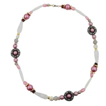Preview: Kette altsilberfarbene Ringperle rosa-weiß-altsilber-gold Kunststoff 60cm