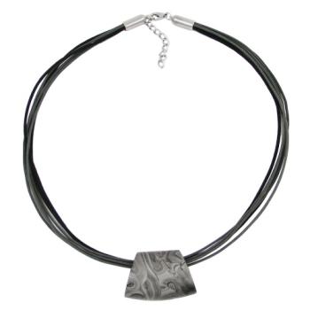 Preview: Kette Kunststoffperle Trapez silbergrau-marmoriert glänzend Kordel grau-schwarz 45cm
