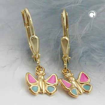 Ohrbrisur Ohrhänger Ohrringe 22x7mm Schmetterling hellblau-pink 9Kt GOLD