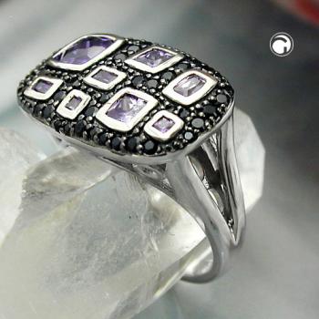 Ring 13x22mm mit Zirkonias lila-schwarz glänzend rhodiniert Silber 925 Ringgröße 62