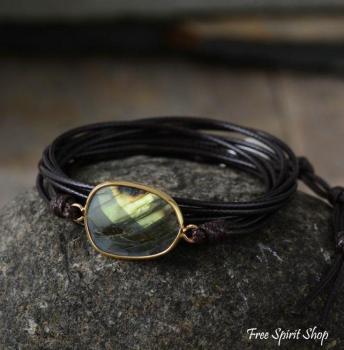 Veganes Wickelarmband mit Labradorit – Schwarz