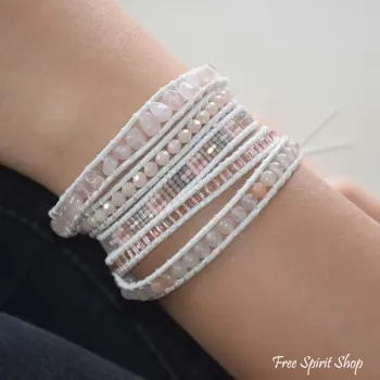 Wickelarmband mit Rosenquarz & Aventurin – Weiß und Rosa
