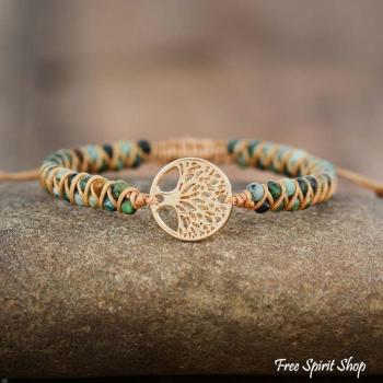 Baum des Lebens Armband mit Natursteinperlen – Edelstahl goldfarben verstellbar, vegan