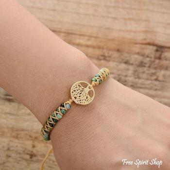 Preview: Baum des Lebens Armband mit Natursteinperlen – Edelstahl goldfarben verstellbar, vegan