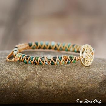 Preview: Baum des Lebens Armband mit Natursteinperlen – Edelstahl goldfarben verstellbar, vegan