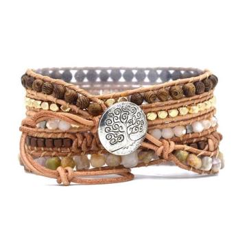 Wickelarmband mit Ammoniten-Fossil, Sonnenstein & Holzperlen