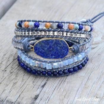 Preview: Wickelarmband aus Leder mit Lapislazuli