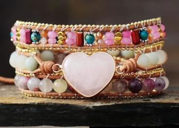 Wickelarmband mit Rosenquarz-Herz & Amazonit aus Leder – 3-lagig