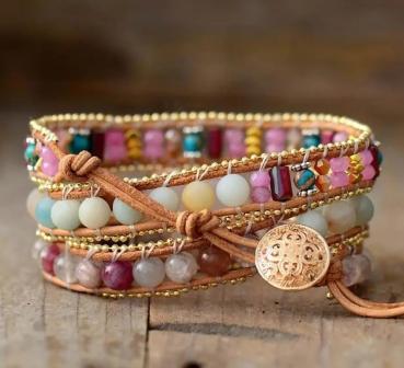Wickelarmband mit Rosenquarz-Herz & Amazonit aus Leder – 3-lagig