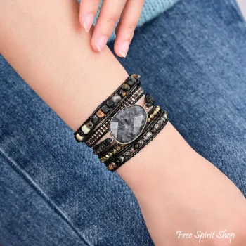 Preview: Natürlicher schwarzer Labradorit & Picasso-Jaspis Perlen-Wickelarmband