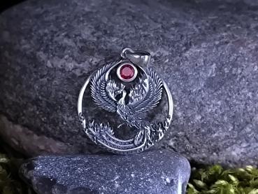 Phönix Anhänger aus 925 Sterlingsilber mit rotem Zierstein