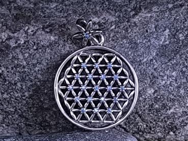 Blume des Lebens Anhänger aus 925 Sterlingsilber mit blauen Ziersteinen
