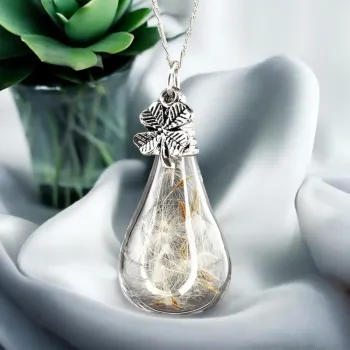 925 Silber Kette mit echter Pusteblume & Kleeblatt – Glückskette mit Naturanhänger