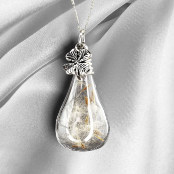925 Silber Kette mit echter Pusteblume & Kleeblatt – Glückskette mit Naturanhänger