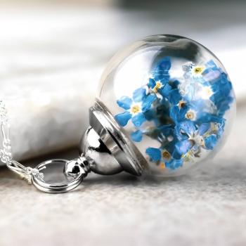 925 Silber Kette mit echten Vergissmeinnicht-Blüten – 50 cm – Handgefertigter Blütenanhänger