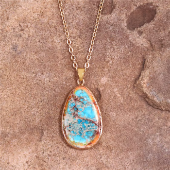 Kaiser-Jaspis Kette Tropfenanhänger – Edelstahl goldfarben (orangefarbener Rand)