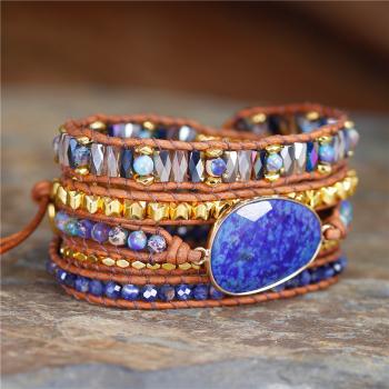 5-lagiges Wickelarmband aus Lapislazuli, Sodalith & Hämatit mit großem Lapislazuli
