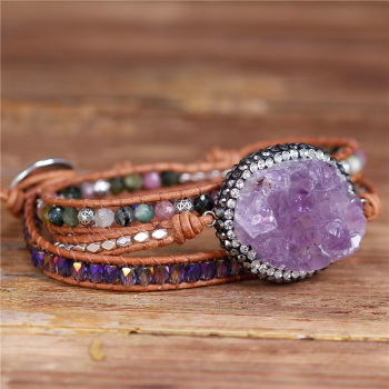 Preview: Wickelarmband mit Amethyst & Turmalin – Lederarmband mit Natursteinen