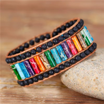 Preview: 7 Chakra Manschettenarmband aus Jaspis & Lava – Boho Naturstein Armband