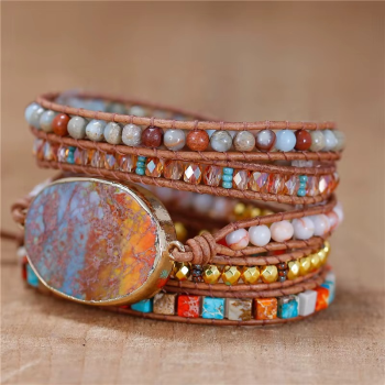 Preview: Wickelarmband mit Imperial Jaspis in Blau & Orange – Naturstein Lederarmband