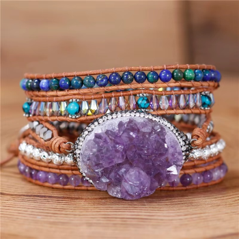 Wickelarmband mit Roh-Amethyst Druse – Lederarmband mit Naturstein