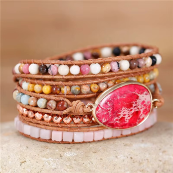 Preview: Wickelarmband mit rotem Jaspis – Boho Lederarmband mit Naturstein