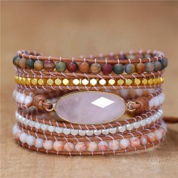 5-lagiges Rosenquarz-Wickelarmband mit Natursteinen