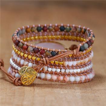 5-lagiges Rosenquarz-Wickelarmband mit Natursteinen