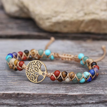 Preview: Baum des Lebens Armband mit Natursteinperlen – Edelstahl goldfarben verstellbar