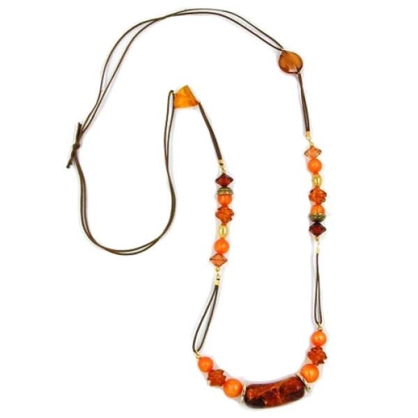 Kette Kunststoffperlen braun-crash orange-braun-gold Kordel braun 90cm