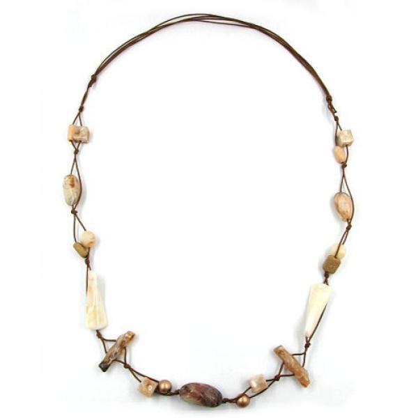 Kette Kunststoffperlen beige horn-marmoriert Kordel braun 105cm