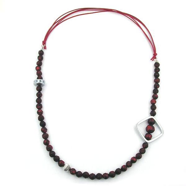 Kette 8mm Kunststoffperlen rot-schwarz silberfarbig Kordel rot 90cm