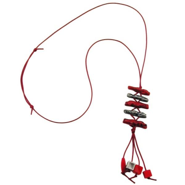 Kette Kunststoff Koralle rot-marmoriert altsilber Kordel dunkelrot 70cm
